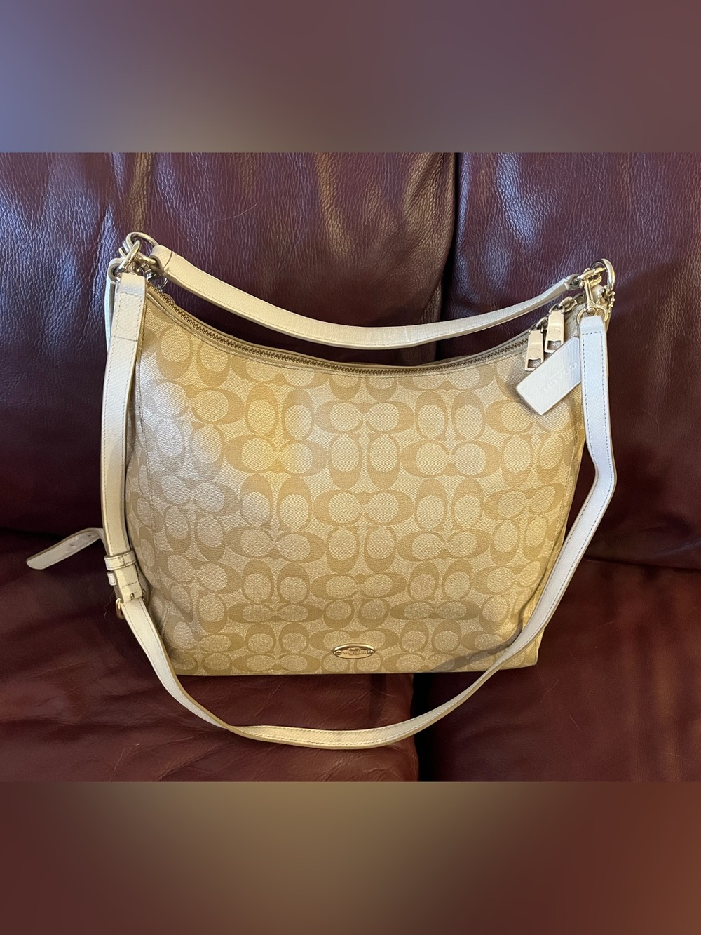 Vintage COACH  Beige Signature Canvas Shoulder Bag with Cream Trim